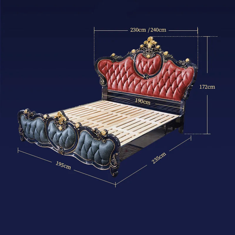 European Style Bed Double 2 Meters Leather Big Bed European Style Villa Luxury Solid Wood Carved Bedroom Leather Art Wedding Bed