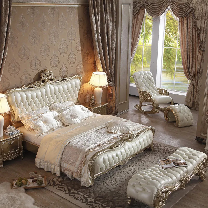 European-style Leather Full Solid Wood European-style Carved Leather Bed Princess Double Bed Wedding Bed 1.8m Furniture