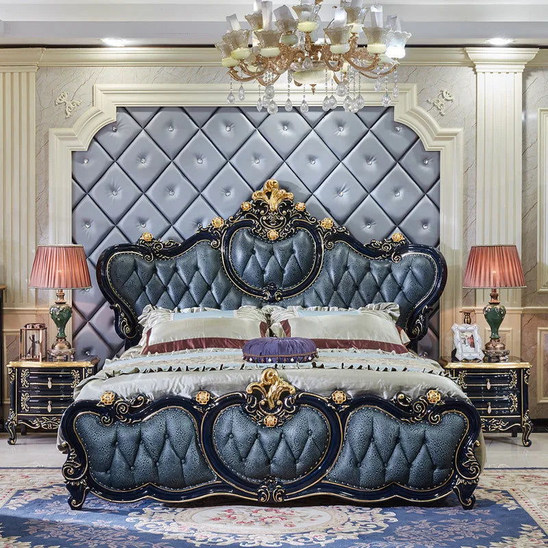 European Style Bed Double 2 Meters Leather Big Bed European Style Villa Luxury Solid Wood Carved Bedroom Leather Art Wedding Bed