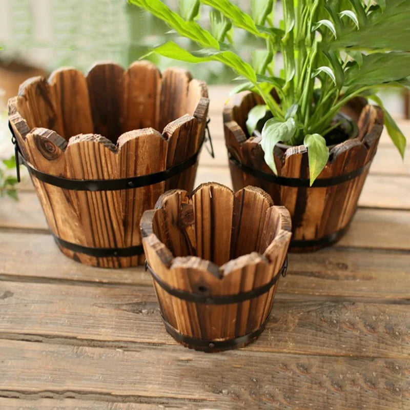 Retro Planting Flower Barrels Rustic Succulent Wavy Edge Planter Box Wood Barrels Flower Pot Plant Container Box Outdoor Decor 1