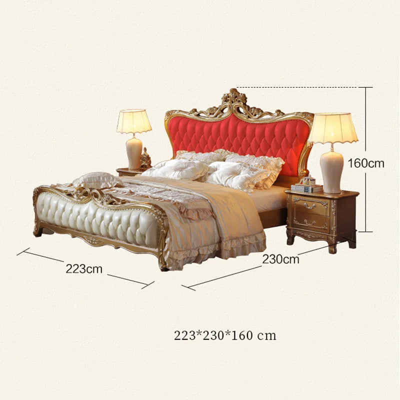 European-style Leather Full Solid Wood European-style Carved Leather Bed Princess Double Bed Wedding Bed 1.8m Furniture