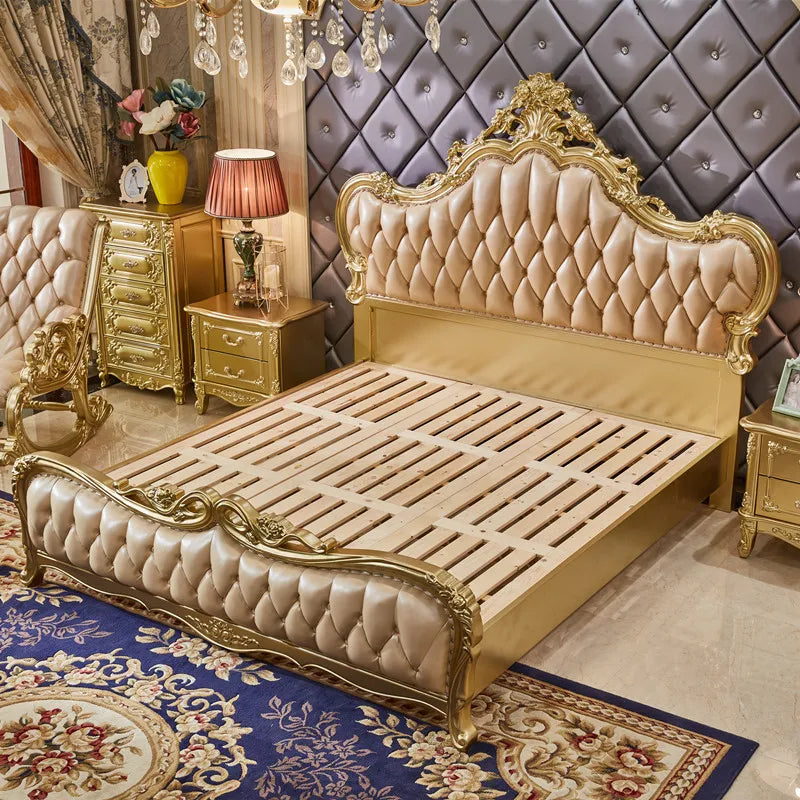 European-style Leather Full Solid Wood Carved Bed Princess Double Bed European-style Carved Leather Wedding Bed 1.8m Furniture