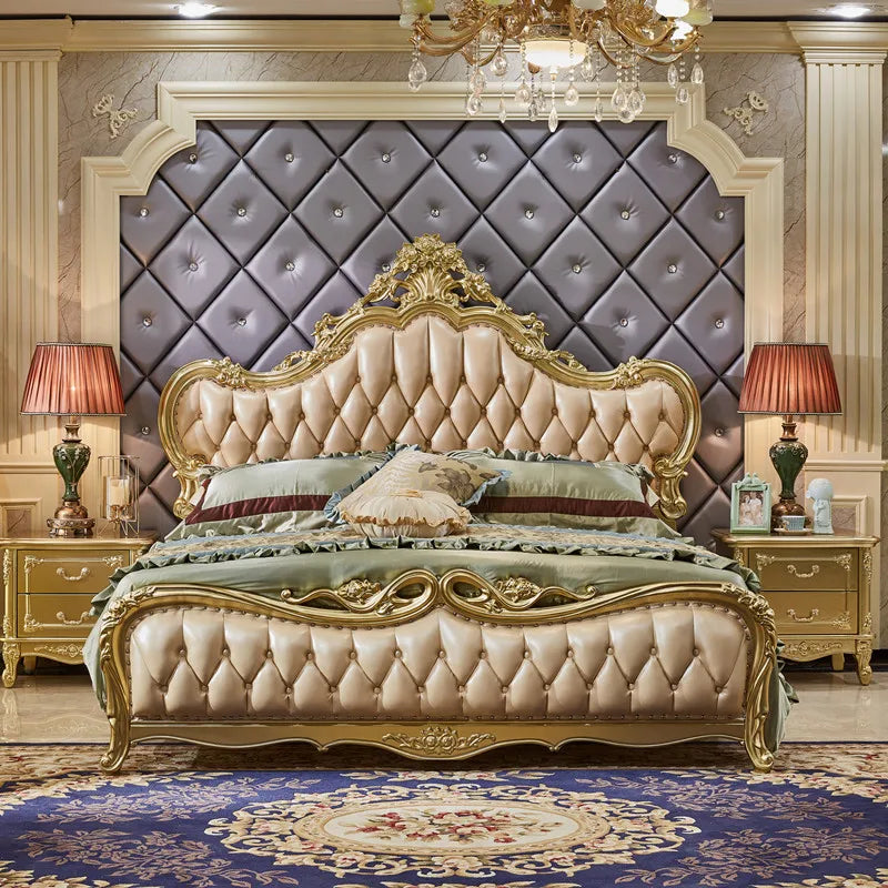 European-style Leather Full Solid Wood Carved Bed Princess Double Bed European-style Carved Leather Wedding Bed 1.8m Furniture