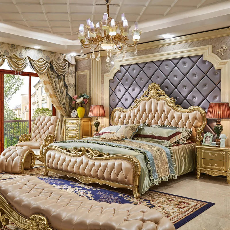 European-style Leather Full Solid Wood Carved Bed Princess Double Bed European-style Carved Leather Wedding Bed 1.8m Furniture