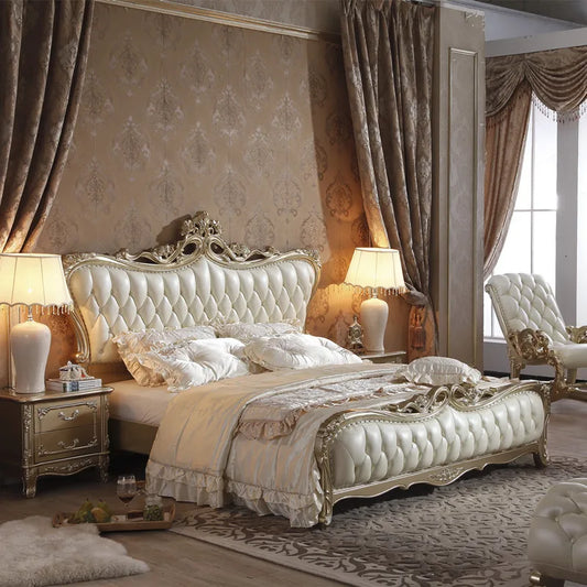 European-style Leather Full Solid Wood European-style Carved Leather Bed Princess Double Bed Wedding Bed 1.8m Furniture