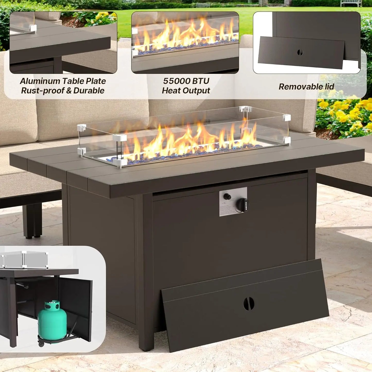 15 Pieces Metal Patio Furniture Set with Propane Fire Pit Table,w/55000 BTU Fire Pit Patio Sectional w/5.1'' Sponge Cushions