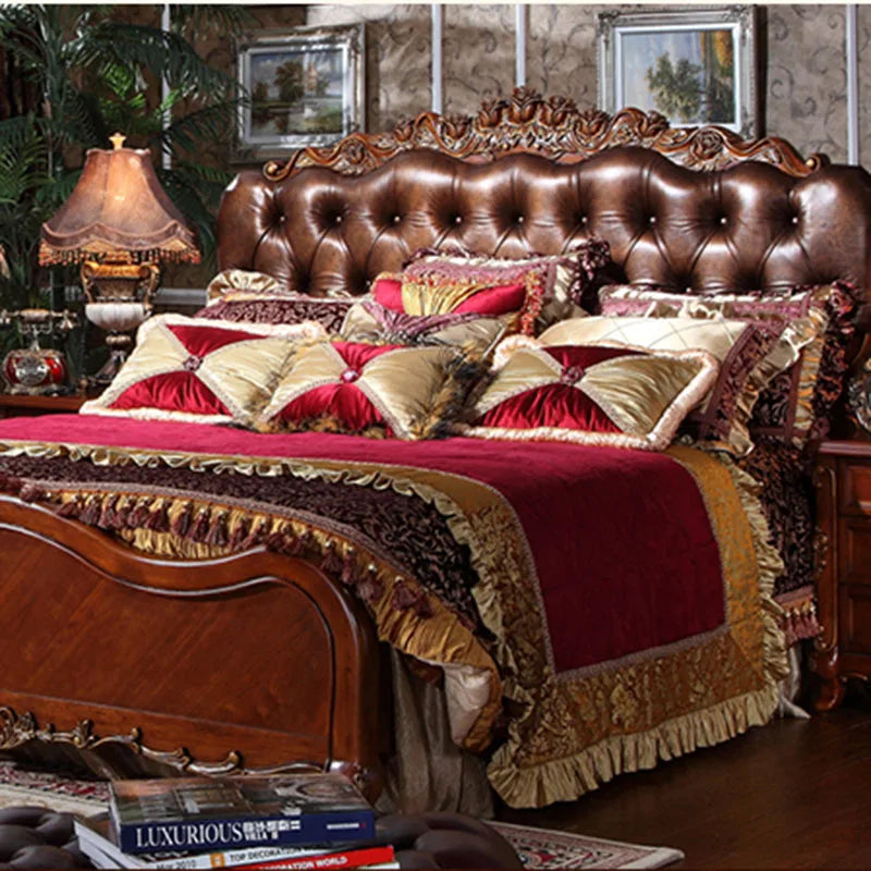 European-style Solid Wood Leather Upholstered Bed Bedroom Neo-classical Wedding Bed American Carved Double Bed