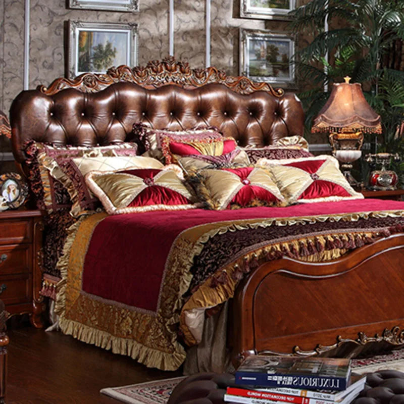 European-style Solid Wood Leather Upholstered Bed Bedroom Neo-classical Wedding Bed American Carved Double Bed