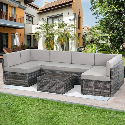 7 Pieces Patio Furniture Set, Modular Patio Set Wicker Outdoor Sectional Sofa Set PE Rattan Wicker Patio Conversation Set