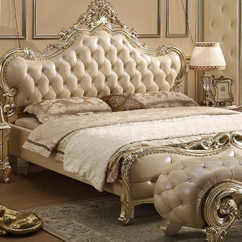 High quality European leather all solid wood carved bed Princess double bed wedding bed 1.8m furniture bedroom furniture