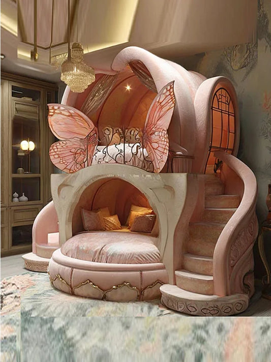 Pink dream butterfly model children's bed soft bag Princess bed Creative design girl bed custom child bed