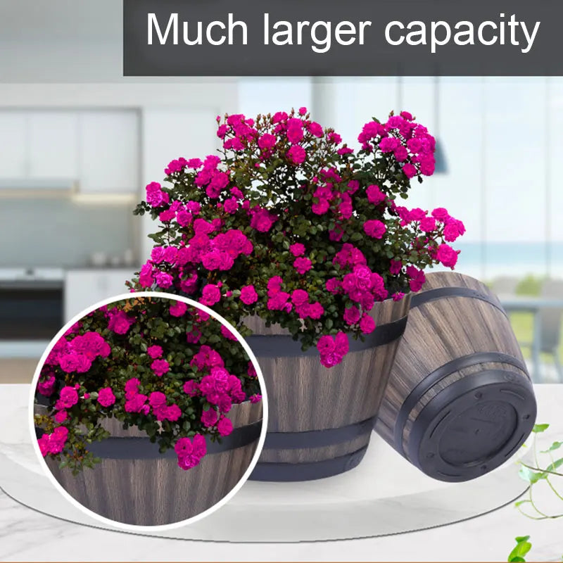 Imitation Wooden Barrel Plastic Flower Pot Resin Whiskey Barrel Flower Pot Round Planter Indoor Outdoor Garden Yard Patio