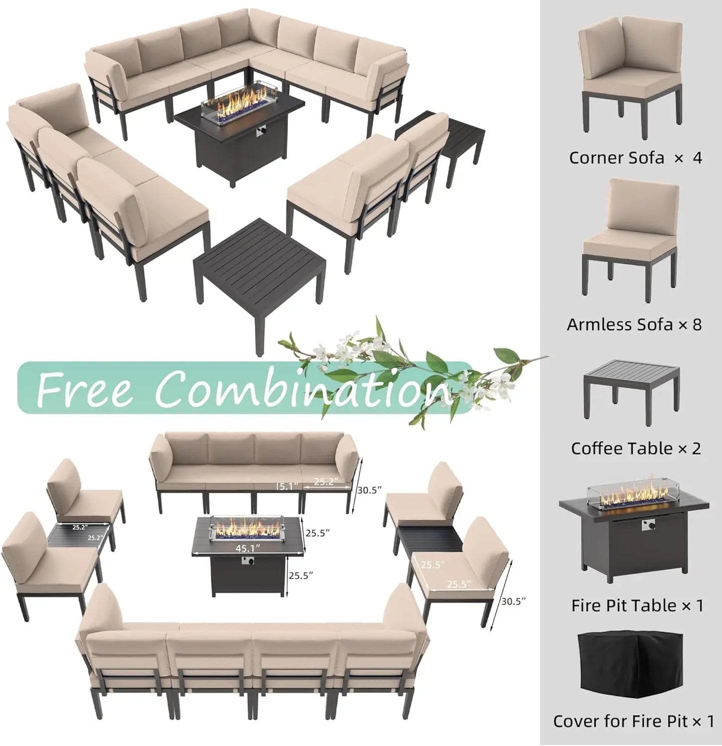 15 Pieces Metal Patio Furniture Set with Propane Fire Pit Table,w/55000 BTU Fire Pit Patio Sectional w/5.1'' Sponge Cushions