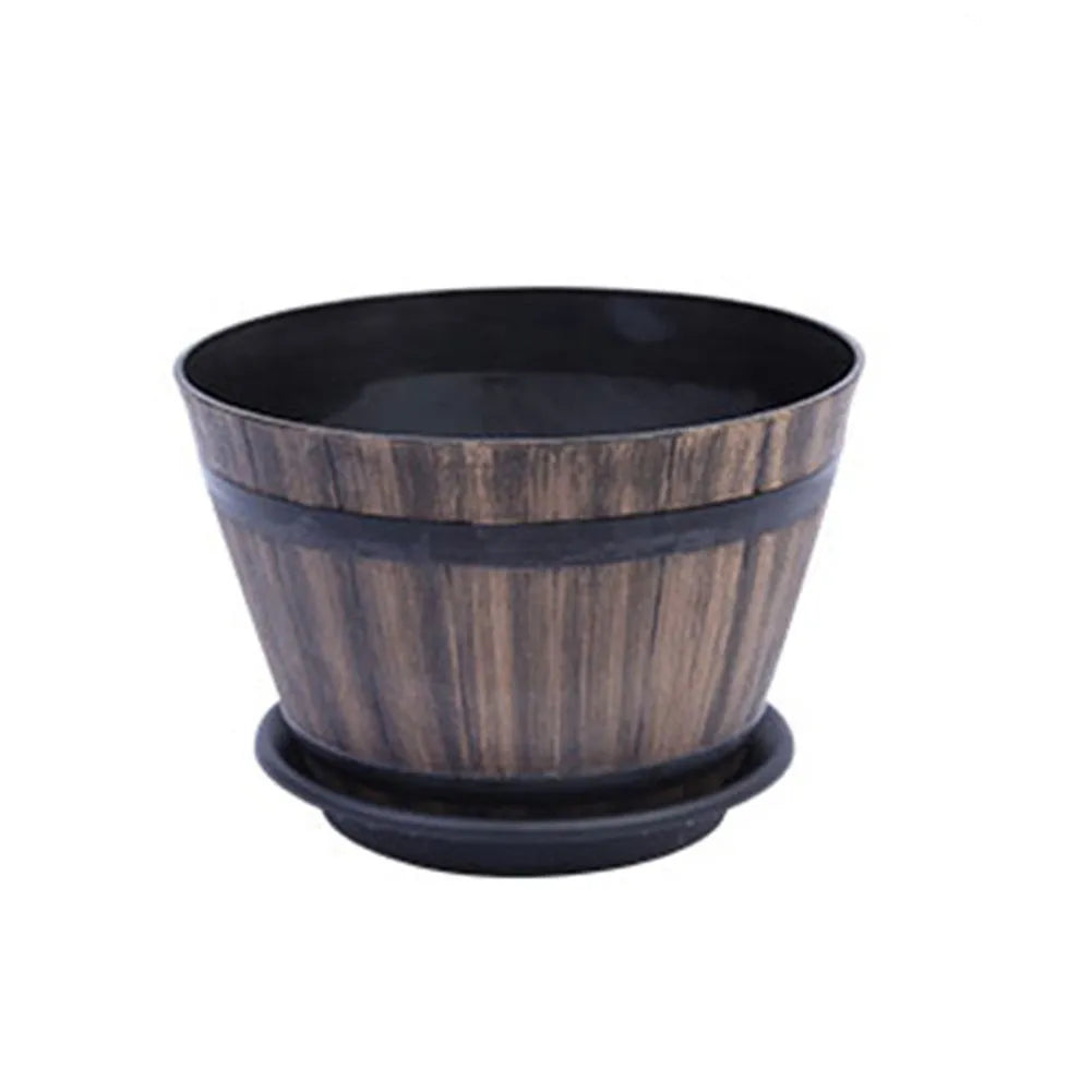 Imitation Wooden Barrel Plastic Flower Pot Resin Whiskey Barrel Flower Pot Round Planter Indoor Outdoor Garden Yard Patio