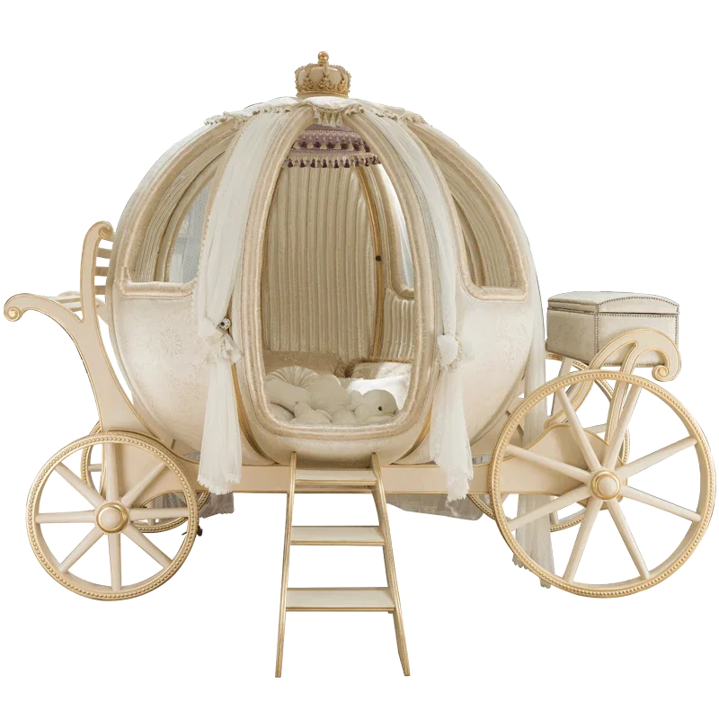 Solid wood cream wind children's European court fantasy boy girl pumpkin cart fabric bed K3