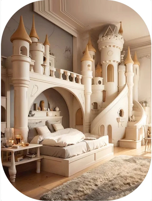 Girl Dream castle bed Luxury Villa Princess bed Solid wood large staggered bed Large solid wood girl bed