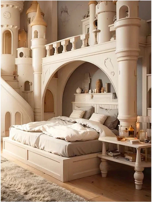 Girl Dream castle bed Luxury Villa Princess bed Solid wood large staggered bed Large solid wood girl bed