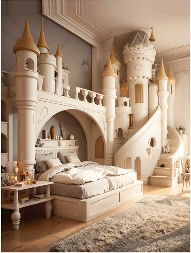 Girl Dream castle bed Luxury Villa Princess bed Solid wood large staggered bed Large solid wood girl bed