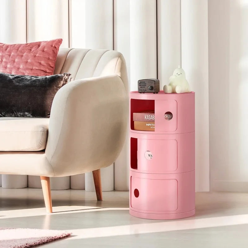 3 Drawer Sliding Barrel Modern Bedroom Nightstand, Pink