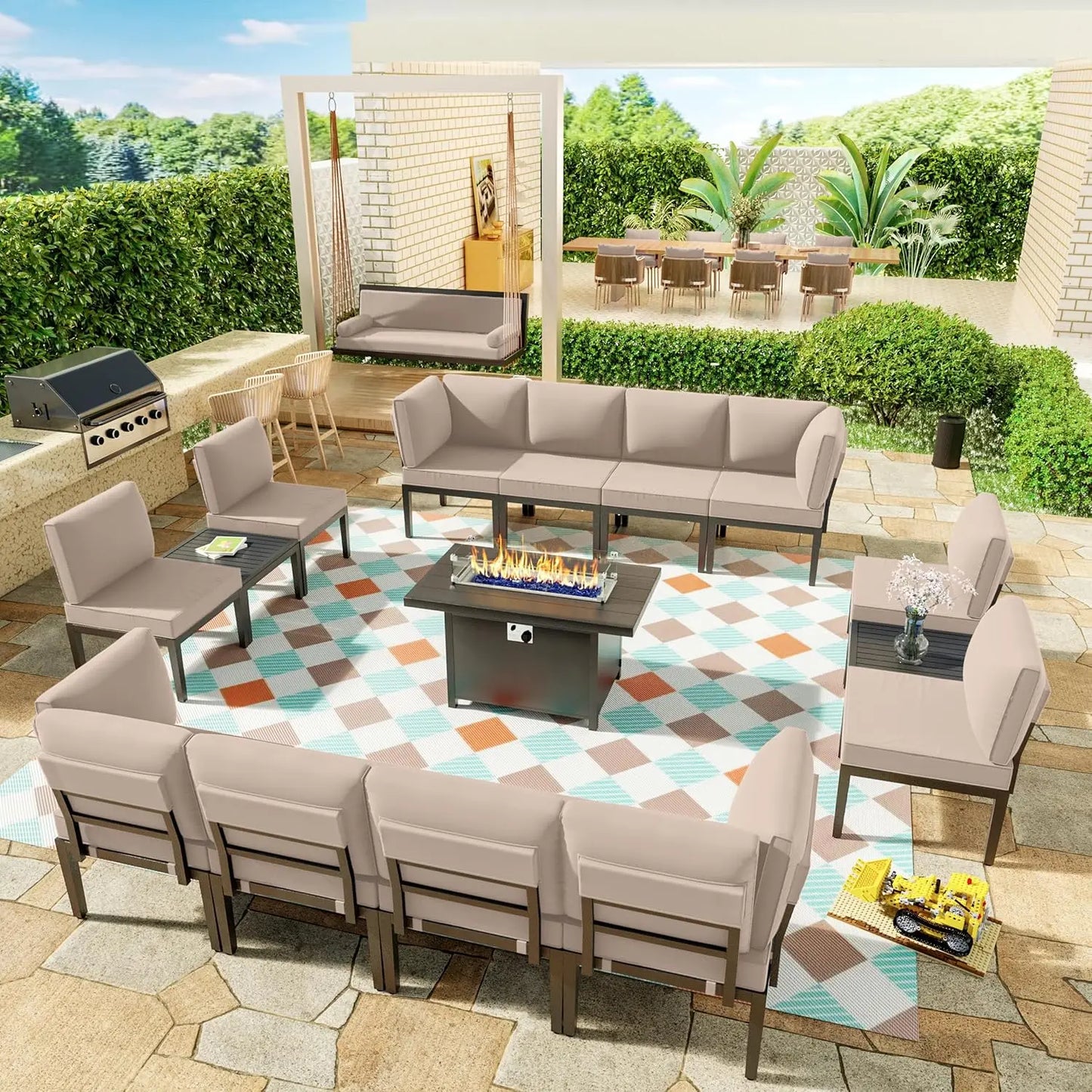 15 Pieces Metal Patio Furniture Set with Propane Fire Pit Table,w/55000 BTU Fire Pit Patio Sectional w/5.1'' Sponge Cushions