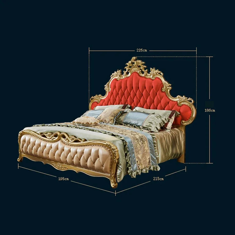 European Style Bed Double Leather Big Bed European Style Villa Luxury Wood Carved Champagne Bedroom Leather Art Wedding Bed