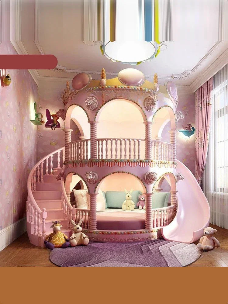 Princess castle bed girls dream solid wood bunk bed with slide.