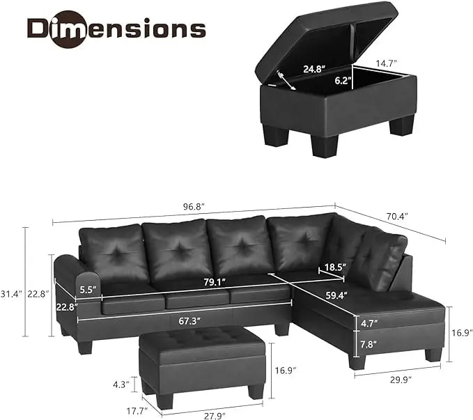 Faux Leather/Linen Fabric Sectional Sofa Couch, Modern L-Shaped Modular Couch Upholstered 3/6 Seaters Living Room Sofa Couch