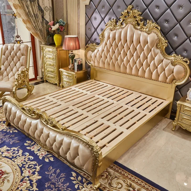 European Style Bed Double Leather Big Bed European Style Villa Luxury Wood Carved Champagne Bedroom Leather Art Wedding Bed