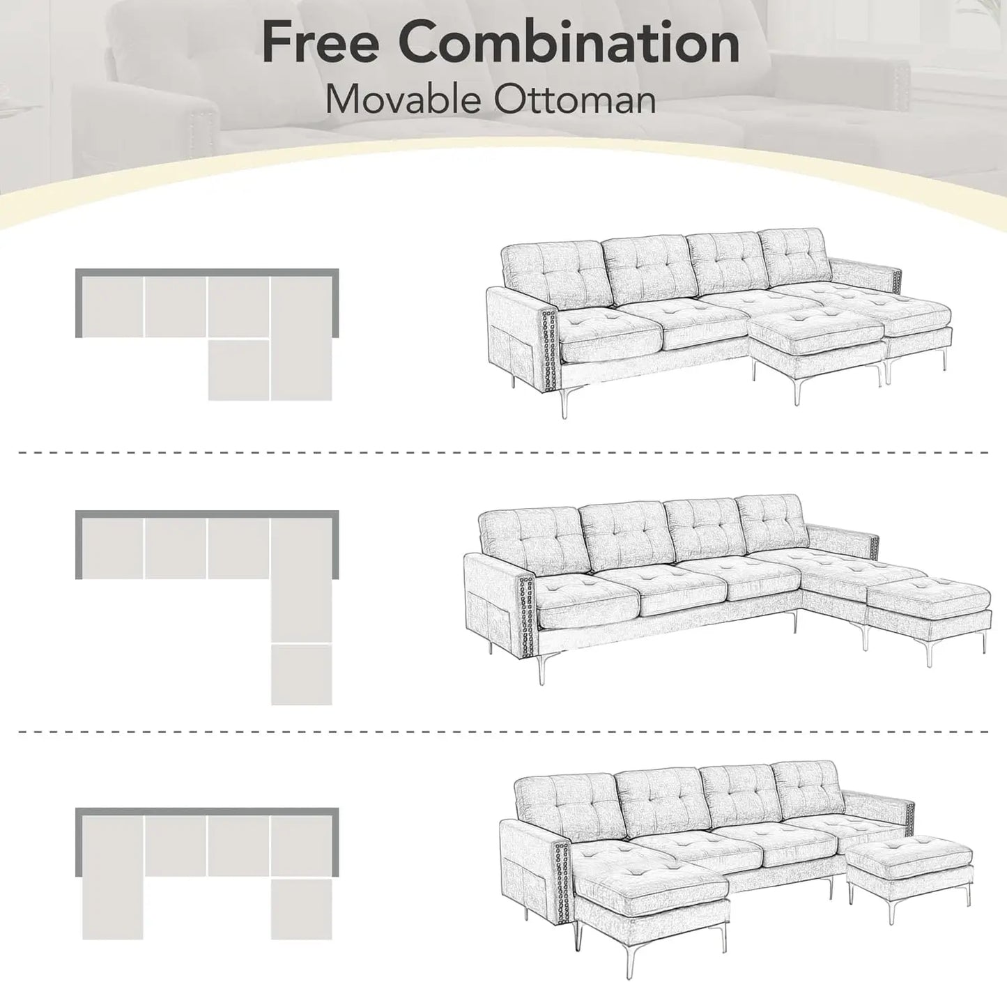 Velvet Modern Large Sectional Sofa, U Shape Upholstered Couch with Chaise, Convertible Sofa Couch with Movable Ottoman