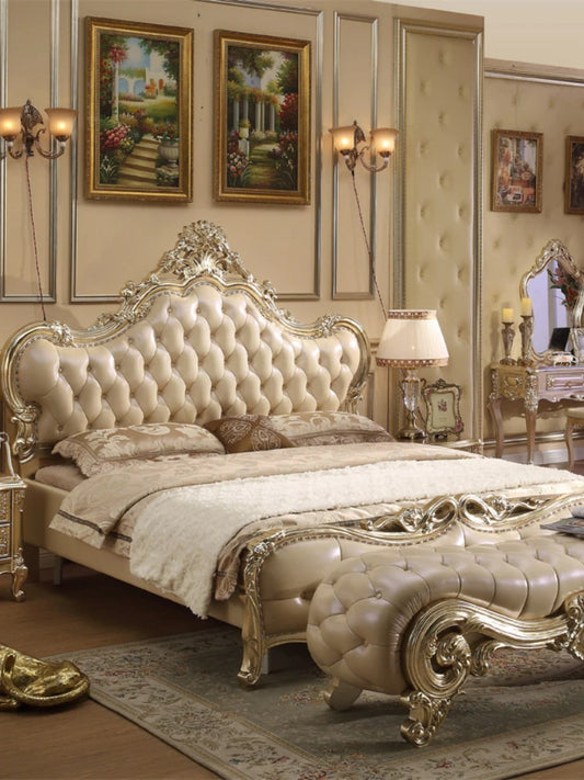 High quality European leather all solid wood carved bed Princess double bed wedding bed 1.8m furniture bedroom furniture