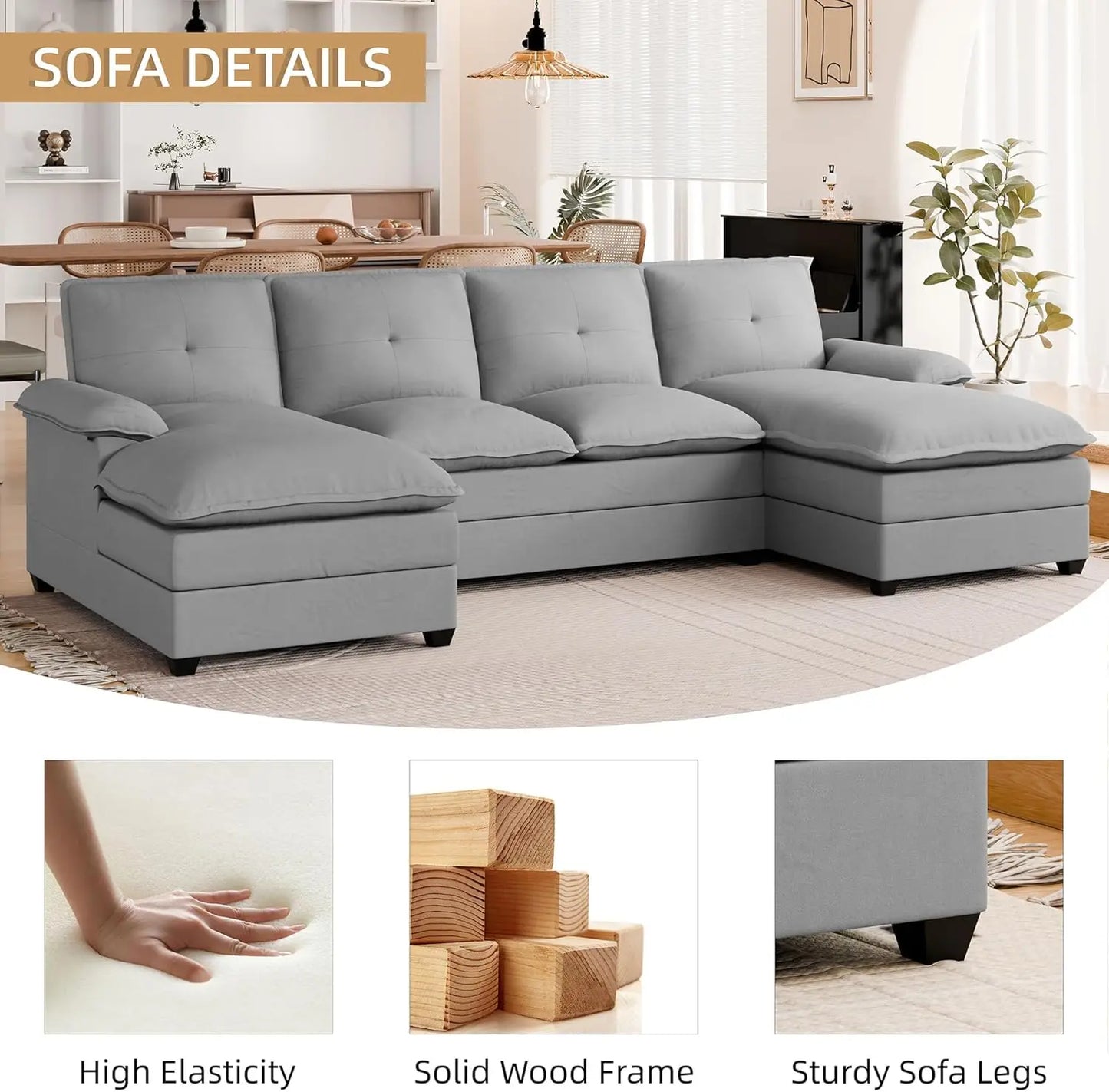 Sectional Couches for Living Room, U-Shaped Couch 4 Seat Sofa Set with Double Chaises, Modern Fabric Modular Sectional Sofa