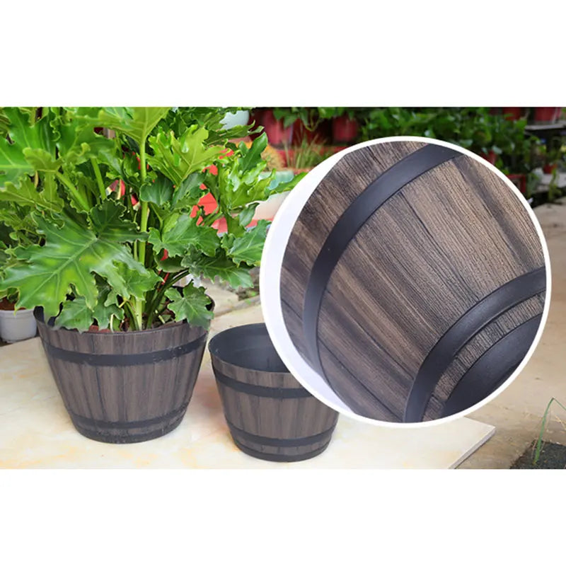 Imitation Wooden Barrel Plastic Flower Pot Resin Whiskey Barrel Flower Pot Round Planter Indoor Outdoor Garden Yard Patio