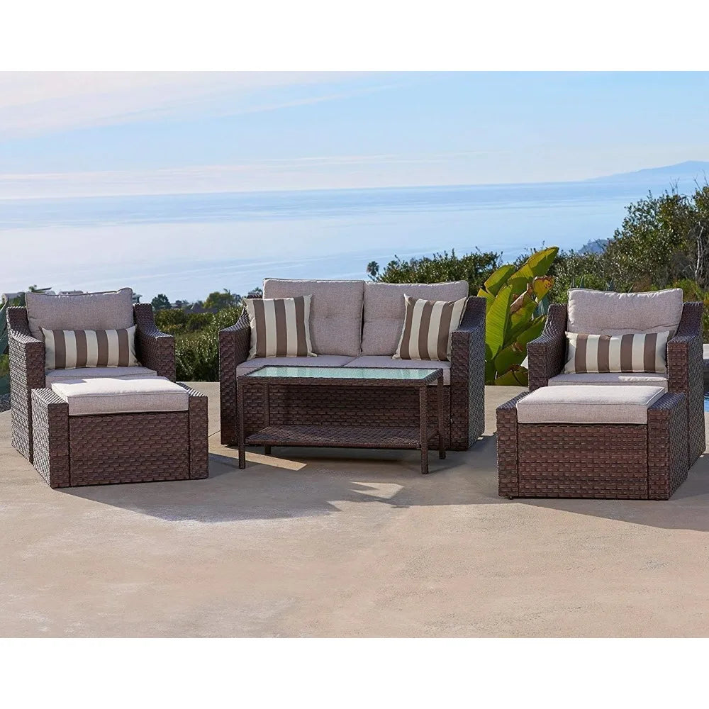 Outdoor Patio Furniture Set 7-Piece Wicker Conversation  Lounge Chairs with Ottoman & Loveseat with Glass Coffee Table Pillow