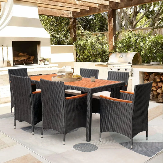 7 Piece Patio Dining Set Outdoor Acacia Wood Table and Chairs with Soft Cushions Wicker Patio Furniture