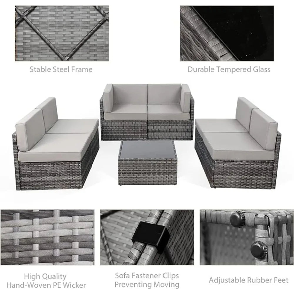 7 Pieces Patio Furniture Set, Modular Patio Set Wicker Outdoor Sectional Sofa Set PE Rattan Wicker Patio Conversation Set