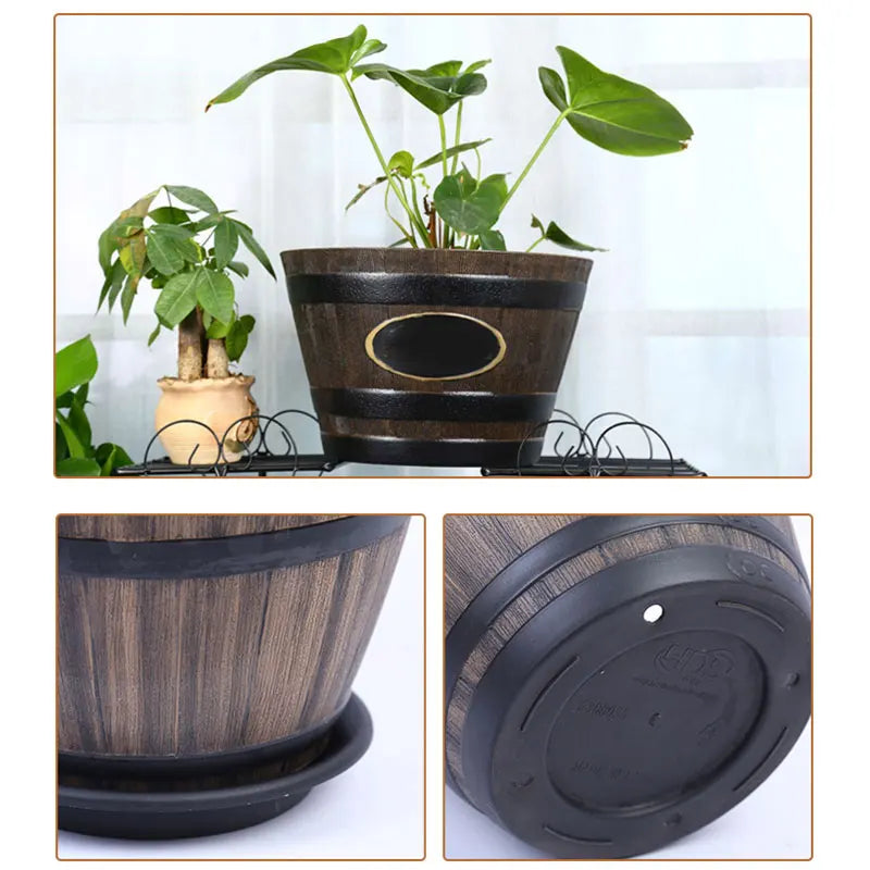 Imitation Wooden Barrel Plastic Flower Pot Resin Whiskey Barrel Flower Pot Round Planter Indoor Outdoor Garden Yard Patio