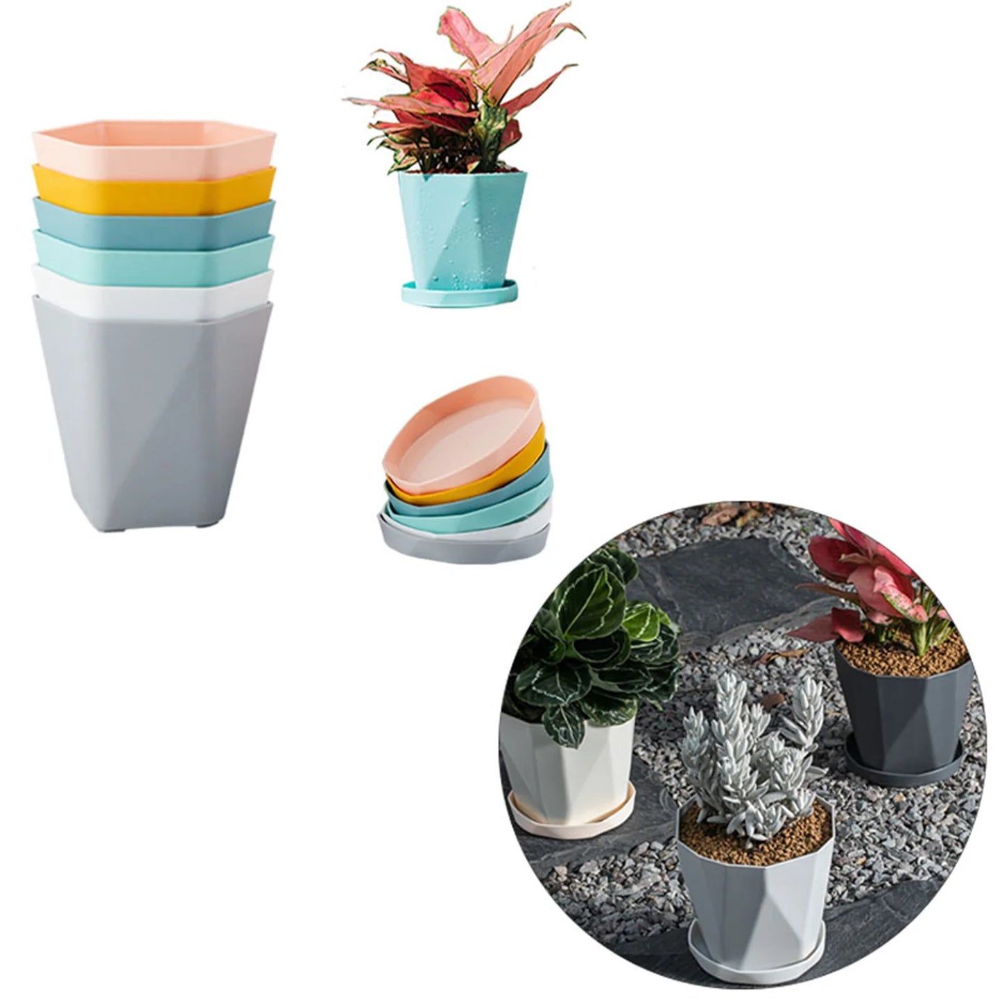 6Pcs Planter Plastic Plant Pot Flower Container With Thickened Tray For Indoor Outdoor Garden