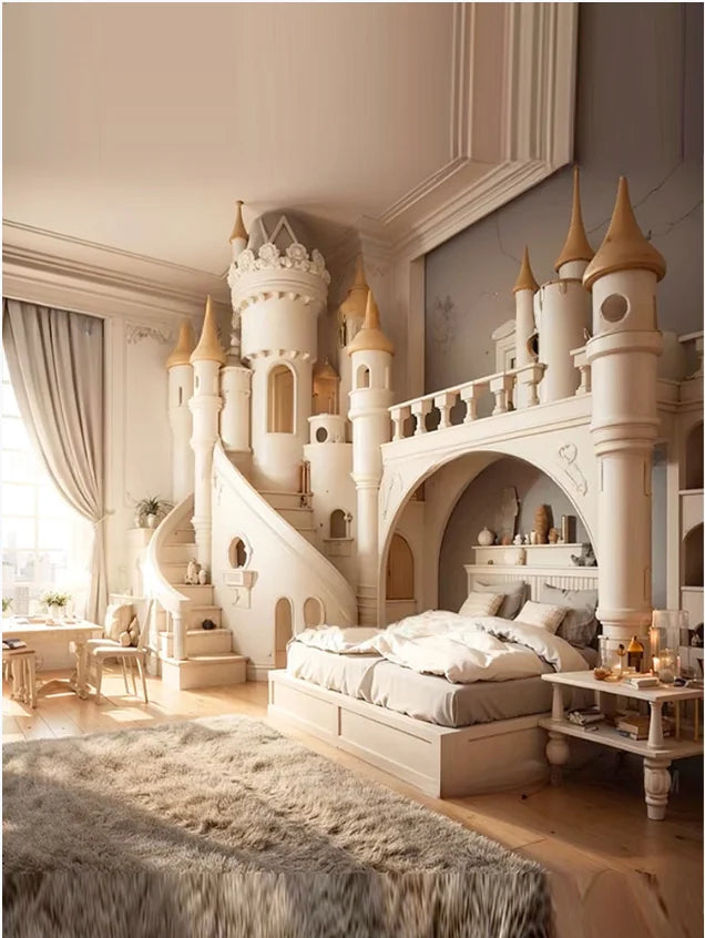 Girl Dream castle bed Luxury Villa Princess bed Solid wood large staggered bed Large solid wood girl bed